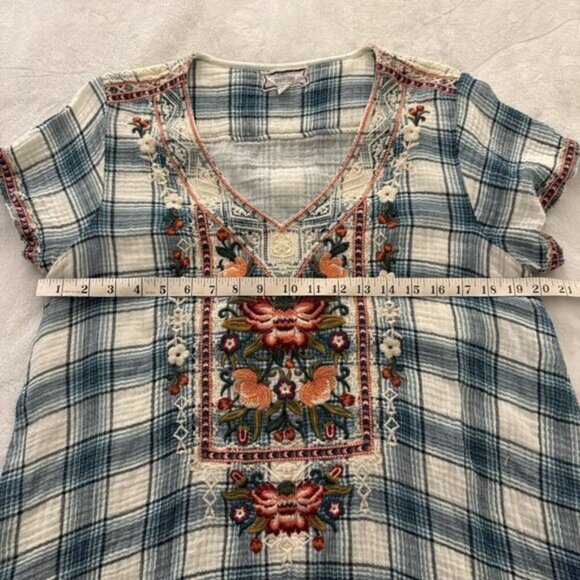Johnny Was Workshop Juliene Estelle Floral Embroidered Plaid 90s Y2K Top Large - Picture 10 of 13